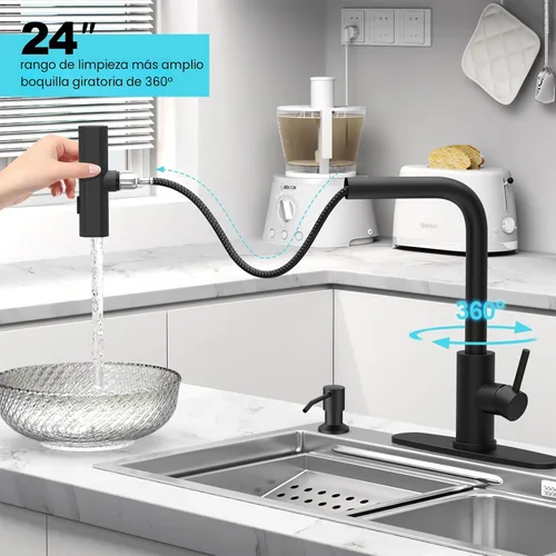 Miniatura 4 de AVSIILE Grifos de cocina en cascada de color negro mate con rociador desplegable y dispensador de jabón, un solo orificio y mango, grifo extraíble