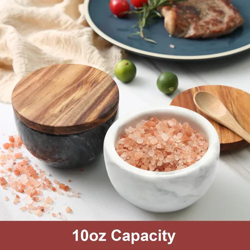 Miniatura 3 de Jalz Jalz Salero de sal con cuchara, base de mármol negro, tapa de acacia natural, cajas decorativas, recipiente para condimentos, diseño elegante