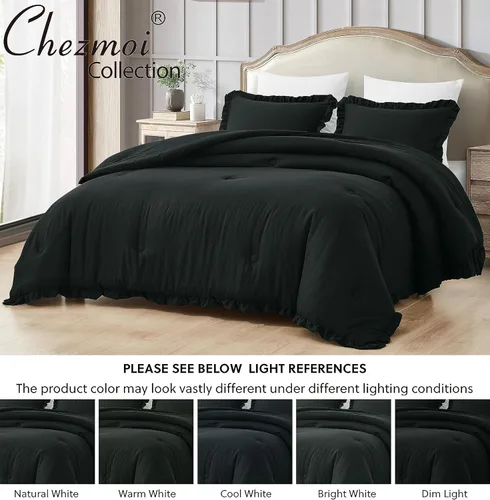 Miniatura 4 de Chezmoi Collection Nora - Juego de edredón negro tamaño King de 3 piezas, esponjoso, suave, lavado a la piedra, con volantes, ropa de cama Shabby