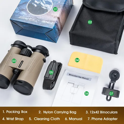 Miniatura 7 de Prismáticos HD de 12 x 42 pulgadas para adultos, prismáticos de alta potencia con adaptador de teléfono mejorado, binocular compacto con visión Negro