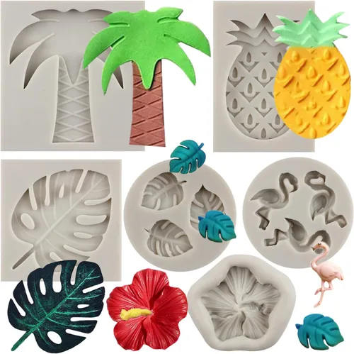 Sijiangmold Molde de silicona con hojas tropicales de flamenco, moldes de fondant de flores de hibisco, moldes de piña y chocolate para decoración
