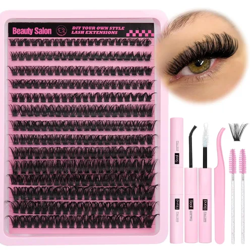 Kit de extensión de pestañas DIY racimos de pestañas D-Curly voluminosos, pestañas individuales, kit de extensión de pestañas con herramienta