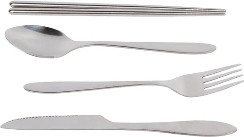 Miniatura 2 de Set de 4 unidades (cuchillo, tenedor, cuchara, palillos) para Viajes/Camping –Cubertería de acero inoxidable con funda de neopreno Juego de 4 piezas