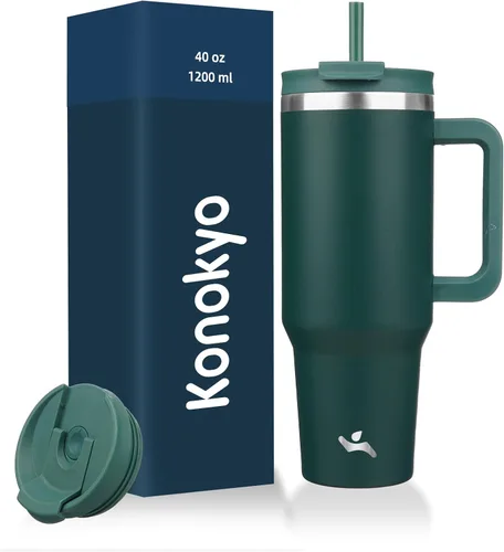 Miniatura 33 de Konokyo - Vaso de 40 onzas con asa y 2 pajillas, botella de agua aislada 2 en 1 con tapa. Taza de viaje de acero inoxidable para café, flores