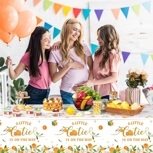 Miniatura 5 de Tegeme Mantel Little Cutie de plástico desechable para baby shower, cumpleaños, decoración de mandarina, 54 x 108 pulgadas (paquete de 3)