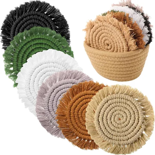 Juego de 6 posavasos de algodón tejido bohemio absorbente con soporte para casa de campo, borla de macramé, regalo de inauguración de la casa para