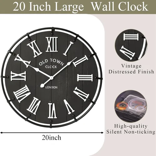 Miniatura 4 de EMAX HOME Reloj de pared grande de granja de 20 pulgadas, cara de grano de madera envejecida negra rústica con números romanos blancos, movimiento