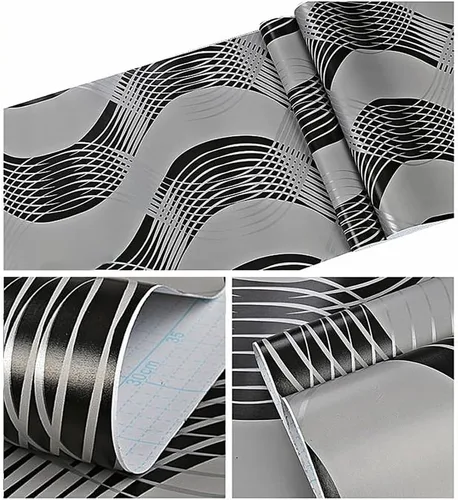 Miniatura 8 de J1359-10M - Papel tapiz moderno geométrico abstracto con ondas, pelar y pegar, 17.7 pulgadas x 32.8 pies, papel de contacto extraíble rojo/dorado
