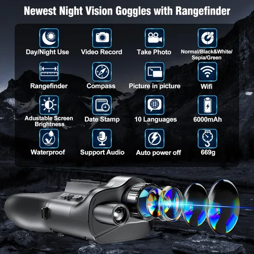 Miniatura 6 de Binoculares/gafas de visión diurna y nocturna 4K con telémetro y brújula, 6000 mAh recargable, tarjeta TF de 32 GB, zoom 5X y lente de 1.654 in