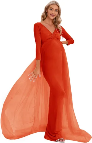 Miniatura 4 de ZIUMUDY Vestido de maternidad de tul con hombros descubiertos para sesión de fotos, vestido de fotografía ajustado de manga larga para baby shower