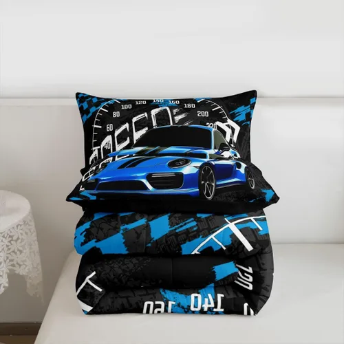 Miniatura 4 de Feelyou Juego de edredón azul de carreras para niños, juego de ropa de cama de coche deportivo para niños y niños, edredón deportivo geométrico a