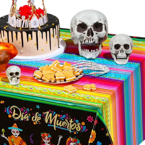 Miniatura 6 de Mantel de 3 piezas con diseño del Día de los Muertos, Día de los Muertos, para Halloween, diseño de calavera de azúcar, floral, fiesta mexicana