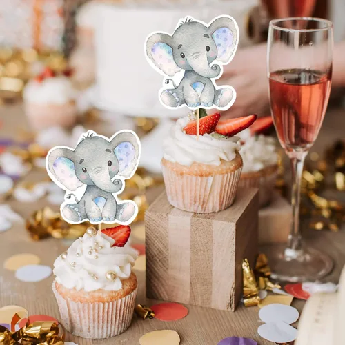 Miniatura 4 de 24 piezas de decoración de cupcakes de elefante azul para decoración de cupcakes con temática de elefante, baby shower, niños, niños o niñas