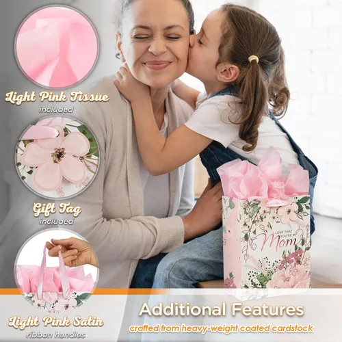 Miniatura 3 de Juego de bolsa de regalo/papel de seda de Christian Art Gifts para mamás "I Love That You're My Mom", rosa, mediano Rosa/Blanco - Love Mom