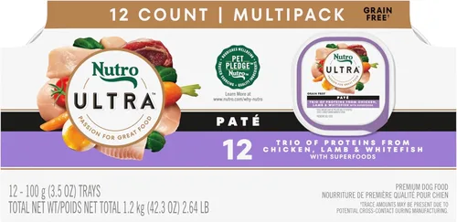 Nutro Ultra Dog Food, alimento húmedo para perros, trío de proteínas en paté: pollo, cordero, pescado blanco, bandejas de 3.5 onzas (12 unidades,