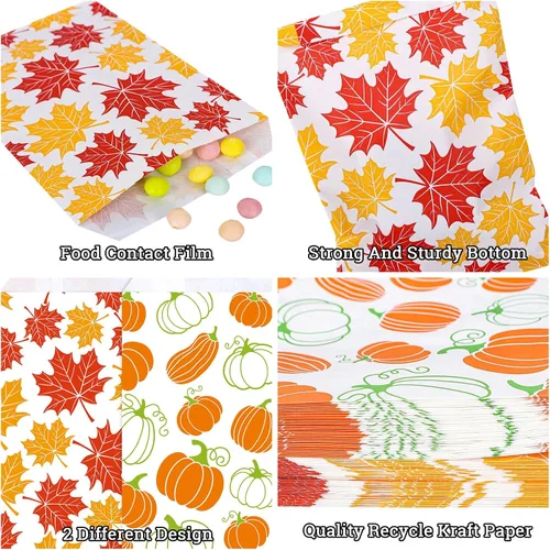 Miniatura 3 de Whaline Paquete de 100 bolsas de golosinas de otoño de 5 x 7.3 pulgadas, bolsas de dulces de Acción de Gracias, hojas de arce, calabazas, bufé