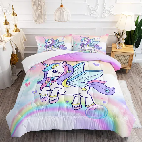 Juego de edredón de unicornio para niñas, juego de ropa de cama de mariposa, juego de edredón de arco iris, tamaño individual con 1 edredón y 2