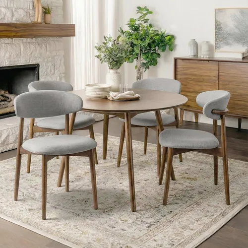 Miniatura 15 de Juego de 4 sillas de comedor, sillas tapizadas de estilo granja, sillas modernas de tela para cocina con patas de madera maciza, color camello