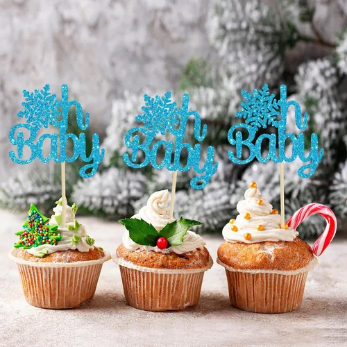 Miniatura 7 de Gyufise Paquete de 24 adornos de copos de nieve Oh Baby para cupcakes con purpurina azul Frozen Oh Baby Pick Decoraciones para baby shower