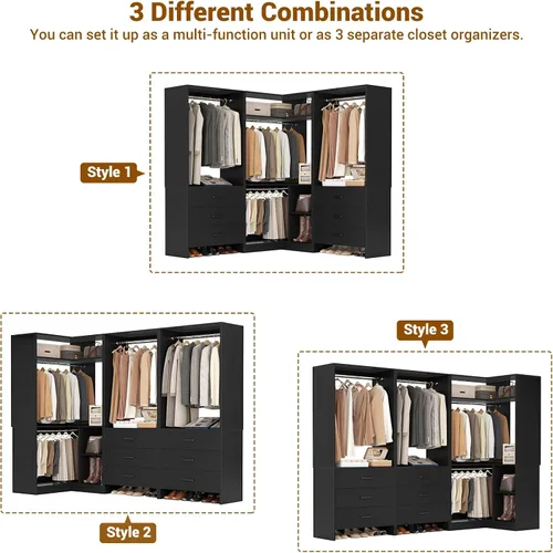 Miniatura 3 de Aheaplus Sistema de armario con 6 cajones, 4 varillas para colgar y torre de esquina, sistema de armario de esquina con colgante, organizador