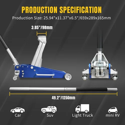 Miniatura 5 de YELLOW JACKET Gato hidráulico de perfil bajo de 2.5 toneladas de aluminio y acero para autos de carreras con bomba de elevación rápida doble, Azul