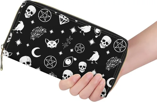 Miniatura 5 de Cartera larga con cremallera para mujer, organizador multifunción, bolso de mano, gato calavera, Cartera larga con cremallera alrededor