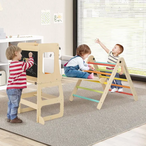 Miniatura 2 de Olakids Juego de triángulo Pikler 8 en 1 juguetes de escalada para niños pequeños Gimnasio de la jungla Montessori de madera plegable con torre