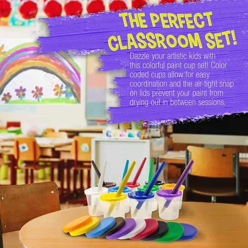 Miniatura 4 de U.S. Art Supply 10 piezas de vasos de pintura antiderrame para niños con tapas de color y 10 piezas de pinceles redondos grandes con mango de madera