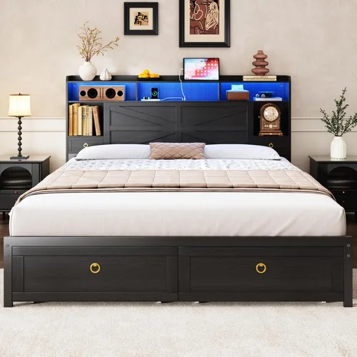 Miniatura 15 de TIGUBFRE Base de cama individual con cabecera de almacenamiento, marco de cama de madera de granja tamaño individual con 3 cajones, luz LED
