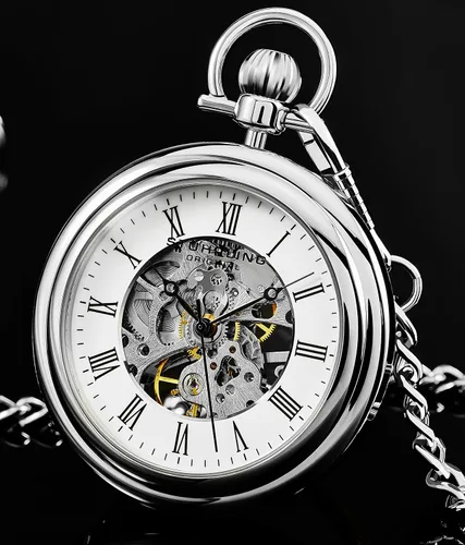Miniatura 2 de Stuhrling Original Reloj de bolsillo para hombre de acero inoxidable analógico esqueleto reloj mano viento mecánico movimiento mecánico cadena