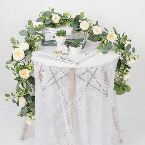 Miniatura 7 de TOCHGREEN Paquete de 4 Guirnaldas de Flores de Eucalipto Artificial con Rosas Blancas, Guirnalda de Flores de Rosa Falsa Vegetación Enredaderas