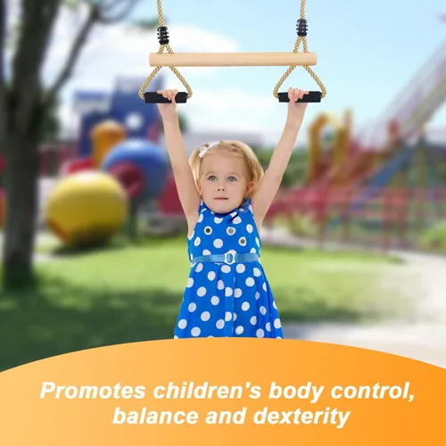 Miniatura 6 de Columpio de trapecio de madera con anillos de gimnasio para niños, juego de columpios para interiores y exteriores, jardín, patio, parque infantil