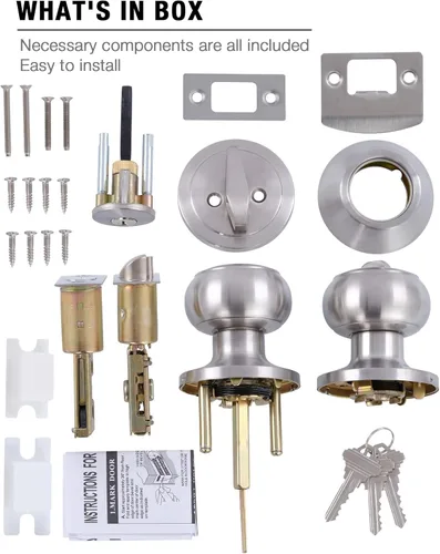Miniatura 6 de Paquete de 2 pomos de puerta idénticos con llave, cerrojo de seguridad de un solo cilindro, pomos clásicos de níquel satinado para puerta exterior