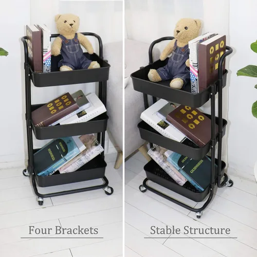 Miniatura 6 de Carrito utilitario de 3 niveles con ruedas multifuncional, organizador de estante con asa y ruedas bloqueables para el hogar, cocina, baño, Negro