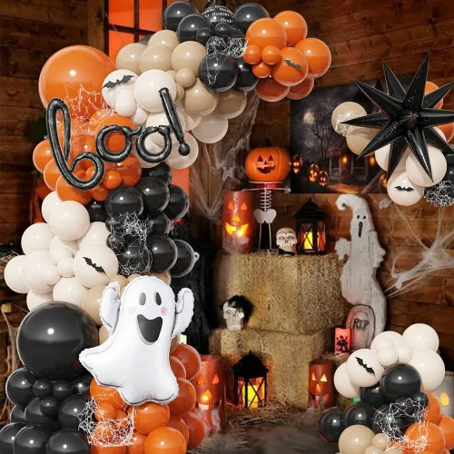 Miniatura 3 de Kit de arco de guirnalda de globos de Halloween Little BOO, 151 piezas de globos de látex blanco retro naranja quemado negro con globo de aluminio