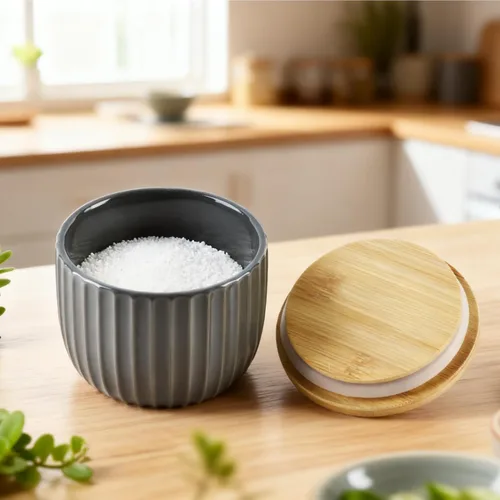 Miniatura 4 de Recipiente de sal con tapa de bambú, cuencos de cerámica de gran capacidad de 14 onzas, caja de pimienta, recipiente de condimentos de esmalte Negro