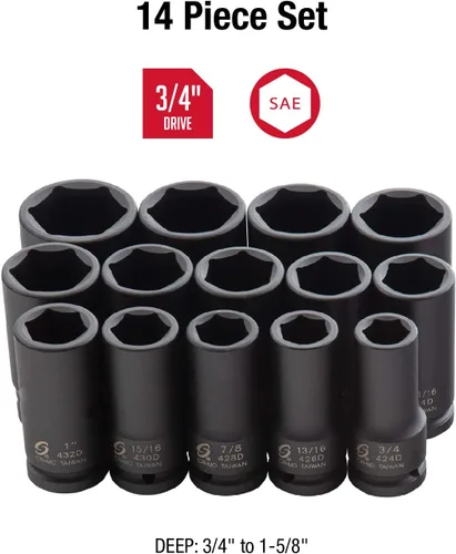 Miniatura 2 de Sunex Tools 4638, juego de llaves de impacto profundo de 3/4 pulgada, 14 piezas, SAE, 3/4" - 1-5/8", acero de aleación CR-MO, diseño de esquina
