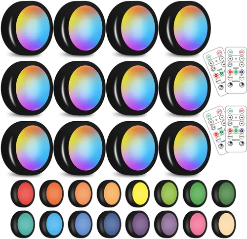 Paquete de 12 luces LED inalámbricas con cambio de 16 colores, luces LED para debajo de gabinetes, luz de armario, luces nocturnas alimentadas por