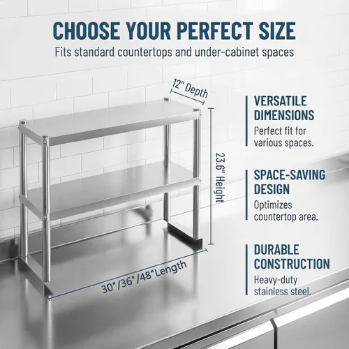 Miniatura 2 de KUARBARR Estante de encimera de acero inoxidable, estante de cocina de metal de 12 x 30 pulgadas, 2 niveles, estantes de acero inoxidable ajustables