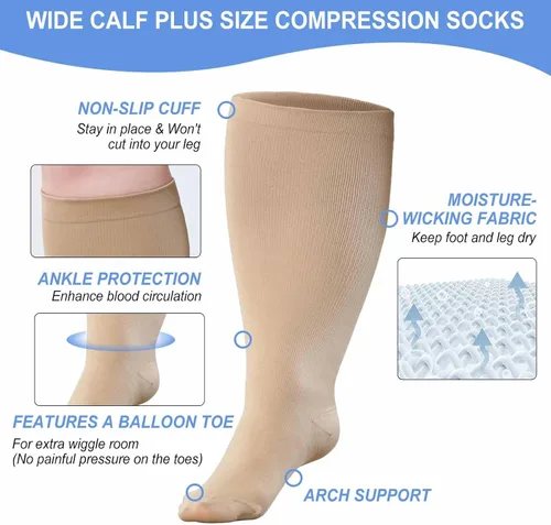 Miniatura 3 de CaiDieNu Calcetines de compresión de talla grande para mujeres y hombres: pantorrilla ancha hasta 6XL 20-30 mmHg Rodilla de alto soporte