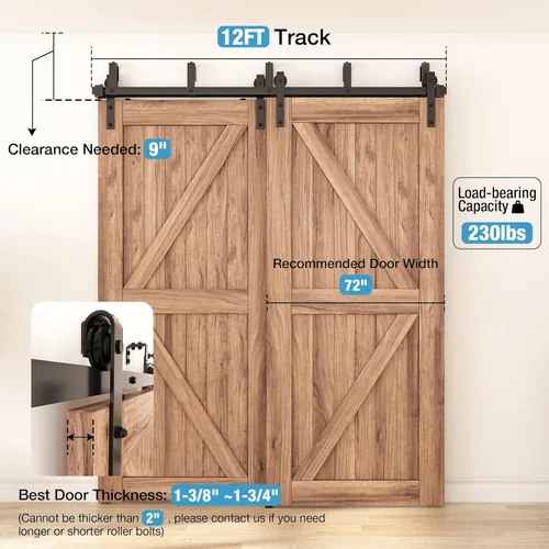 Miniatura 2 de ZEKOO Kit de herrajes para puerta corrediza de granero de doble vía de 12 pies para 2 puertas, kit de riel de puerta de granero de derivación, techo