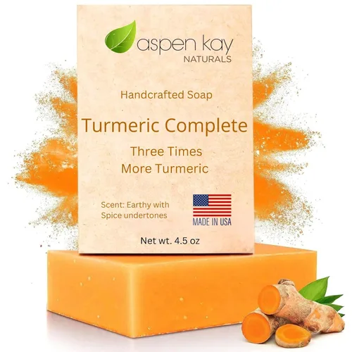 Miniatura 12 de Aspen Kay Naturals Jabón de cúrcuma para cara y cuerpo, hecho con manteca de karité orgánica, manzanilla y caléndula, lavado facial suave