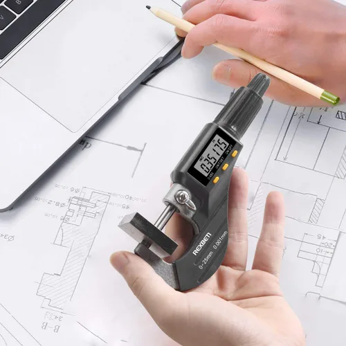 Miniatura 2 de REXBETI Micrómetro digital, herramientas de medición profesionales en pulgadas/métricas de 0.00005"/0.001 mm, calibre de grosor de resolución, funda