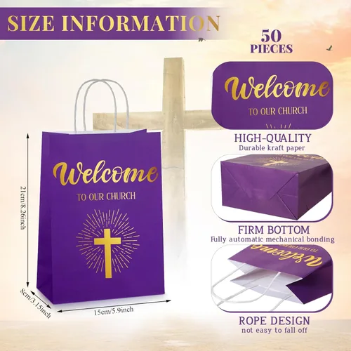 Miniatura 2 de Chuangdi 50 bolsas de regalo de bienvenida a la iglesia, bolsas de papel cristiano con asas para invitados, día de la madre, baby shower, Púrpura