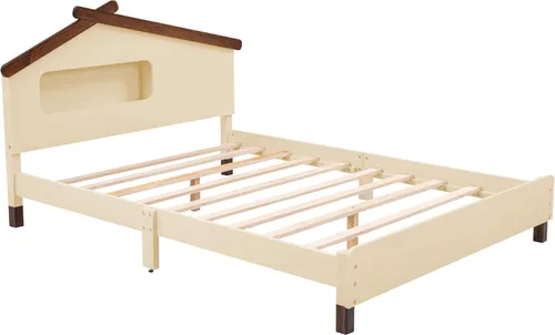 Miniatura 8 de Quarte Cama de plataforma de madera de tamaño matrimonial para niños con cabecera en forma de casa y luces nocturnas activadas por movimiento,