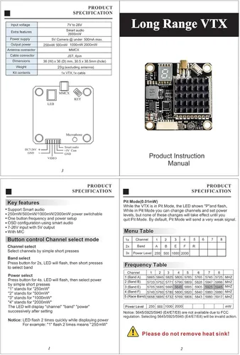 Miniatura 6 de Transmisor conmutable de largo alcance FPV VTX PIT/250/500/1000/2000mW de largo alcance compatible con configuración OSD utilizando audio