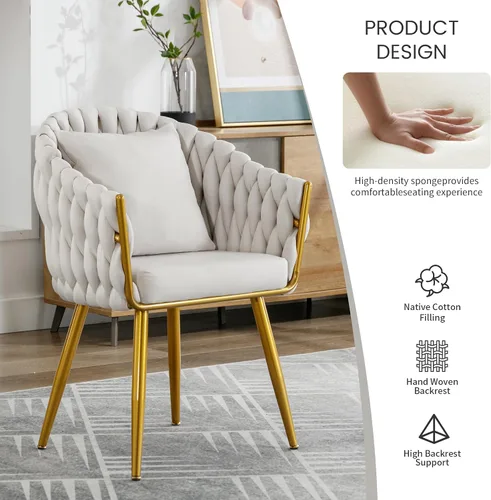 Miniatura 5 de BOSMILLER Sillas de comedor tejidas, modernas sillas de comedor con patas antideslizantes de metal dorado, respaldo alto curvado, silla de comedor