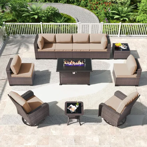 Miniatura 90 de Kullavik Juego de 13 muebles de patio al aire libre con mesa de fogata de gas propano de 43 pulgadas, 55000 BTU, mimbre de polietileno, sofá Arena
