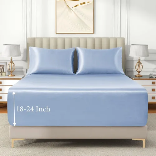Miniatura 2 de VACVELT Sábana bajera ajustable de satén con bolsillo extra profundo, tamaño matrimonial, color azul bebé, juego de ropa de cama sedosa y 2 fundas