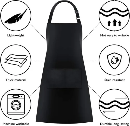 Miniatura 6 de Jubatus Paquete de 2 delantales con peto con 2 bolsillos, delantal de cocina de chef para mujeres y hombres, color negro